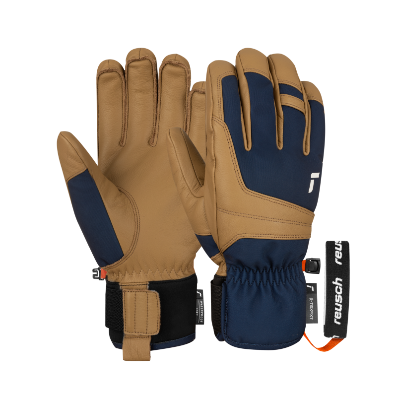 tan and navy leather ski gloves