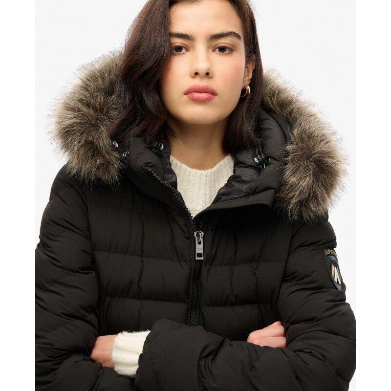 Superdry Fuji Faux Fur Hooded Longline Jacket - Syntetjacka - Dam | Hardloop