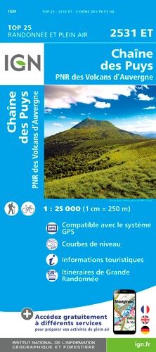 IGN Chaîne Des Puys / Pnr Des Volcans D'Auvergne - Carte topographique | Hardloop