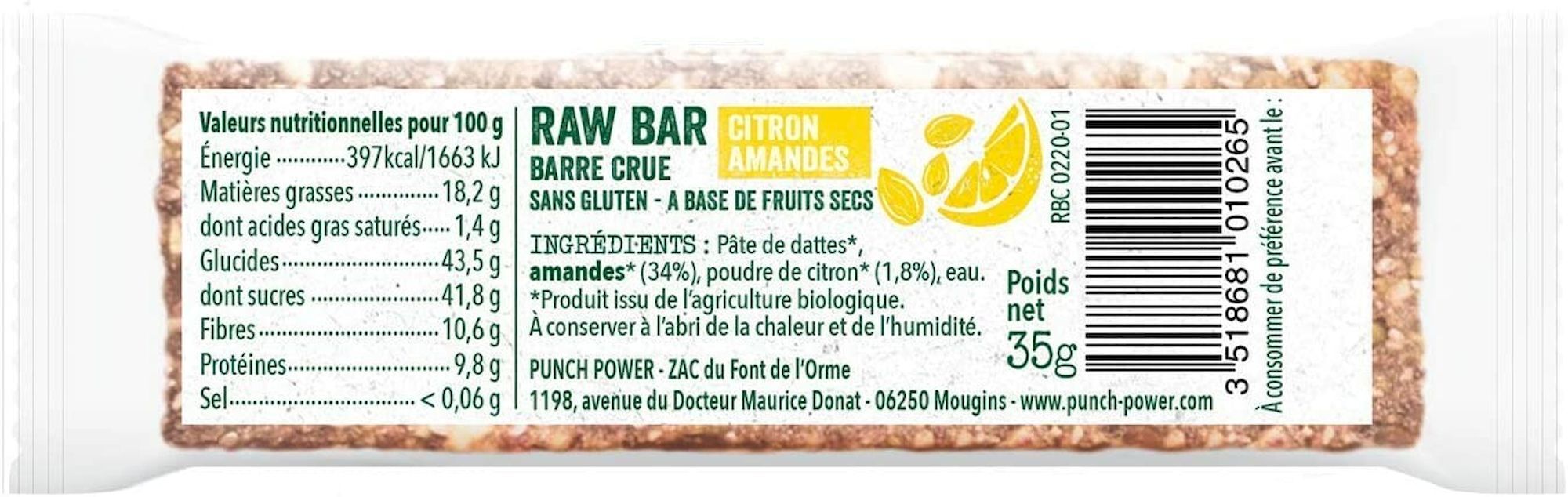 Punch Power Raw Bar Amande Citron - Guma energetyczna | Hardloop